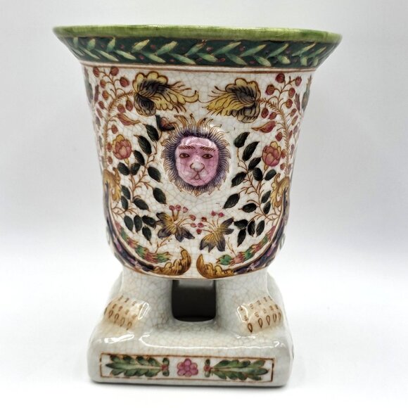 VTG Footed Planter Lion Faces Floral Vase Crackle Crazing Effect Signed Numbered - Picture 1 of 9